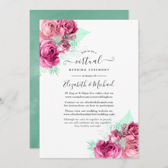 Convites Casamento Virtual Online Pink e Mint Floral (Frente/Verso)
