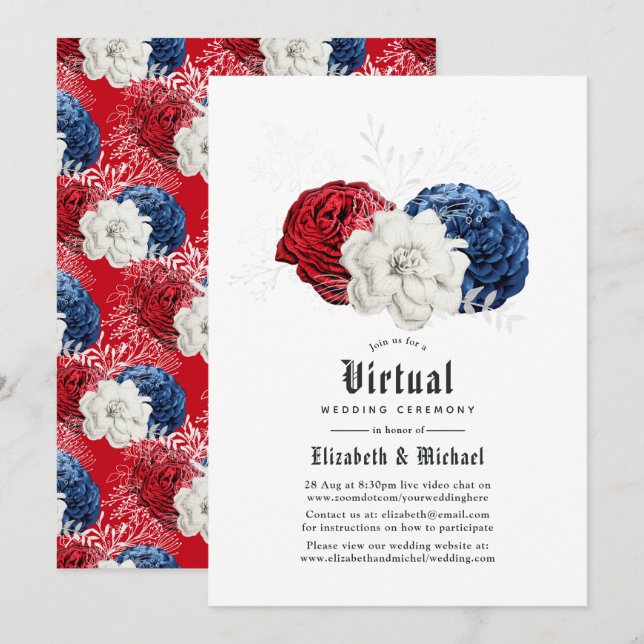 Convites Casamento Virtual Online Red White e Blue American (Frente/Verso)