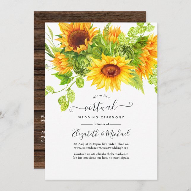 Convites Casamento Virtual Online Rustic Bohemian Sunflower (Frente/Verso)