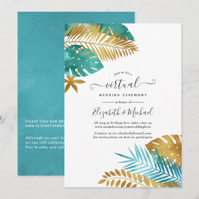Convites Casamento Virtual Online Tropical Teal e Dourado (Frente/Verso)