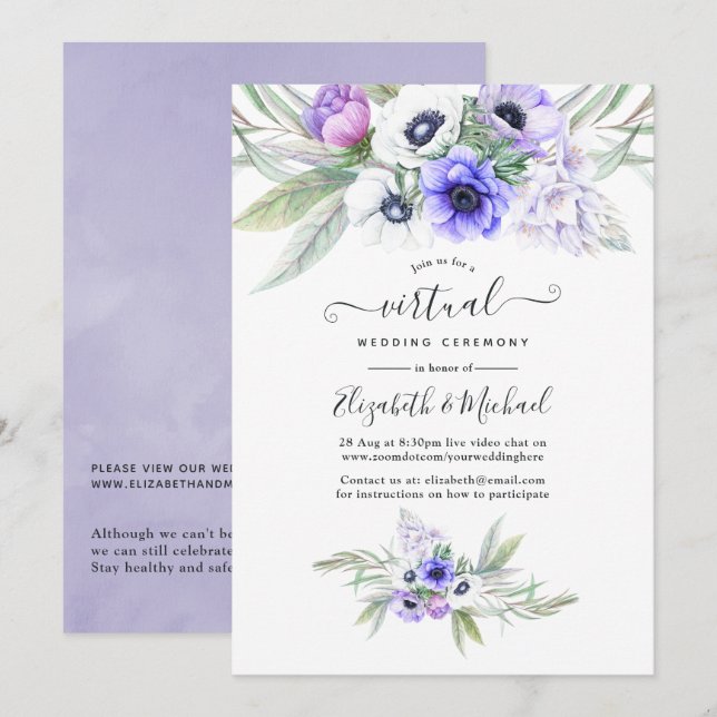Convites Casamento Virtual Online Violeta Pastel Floral (Frente/Verso)
