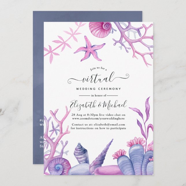 Convites Casamento Virtual Online Watercolor Ocean Life (Frente/Verso)