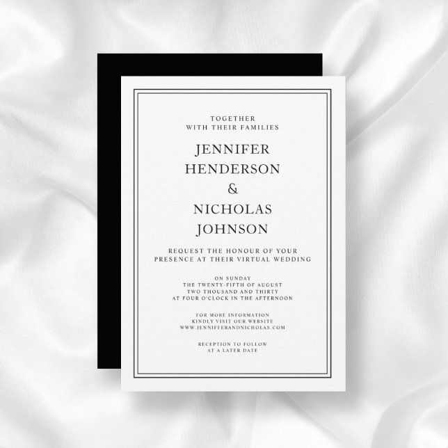 Convites Casamento Virtual Preto e Branco Clássico Elegante (Front/Back Elegant Classic Formal Black White Virtual Wedding Invitation)