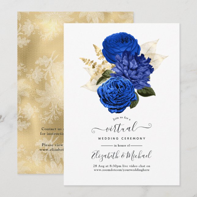 Convites Casamento Virtual Real Azul e Dourado Floral e Loc (Frente/Verso)