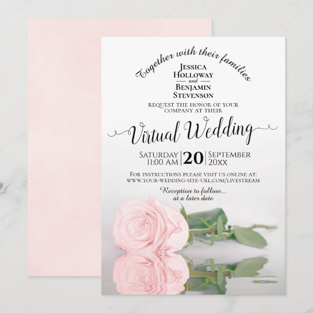 Convites Casamento Virtual Rosa do Elegante Blush Rosa Refl (Frente/Verso)
