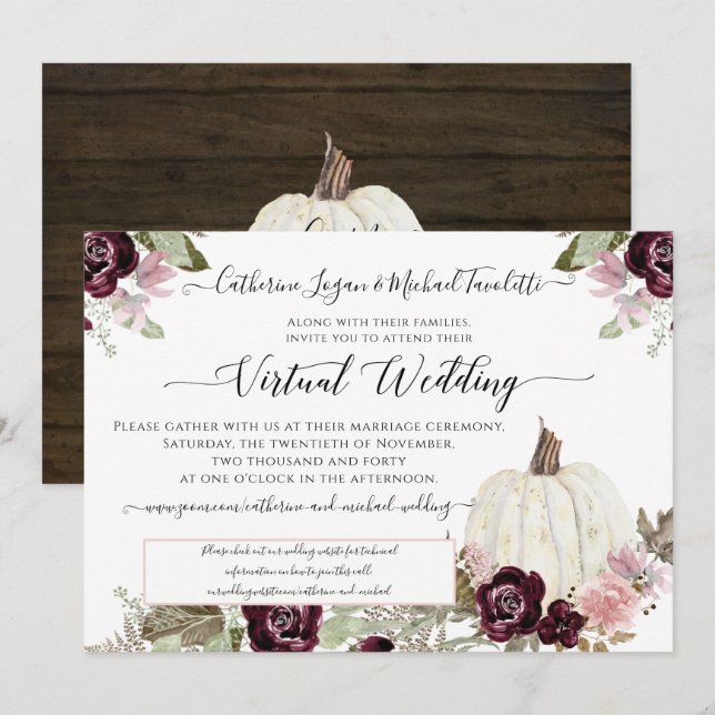 Convites Casamento Virtual Russo De Pumpkin Floral Burgundy (Frente/Verso)