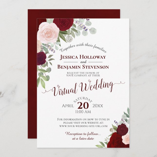 Convites Casamento Virtual Rustic Burgundy Red & Pink Flora (Frente/Verso)