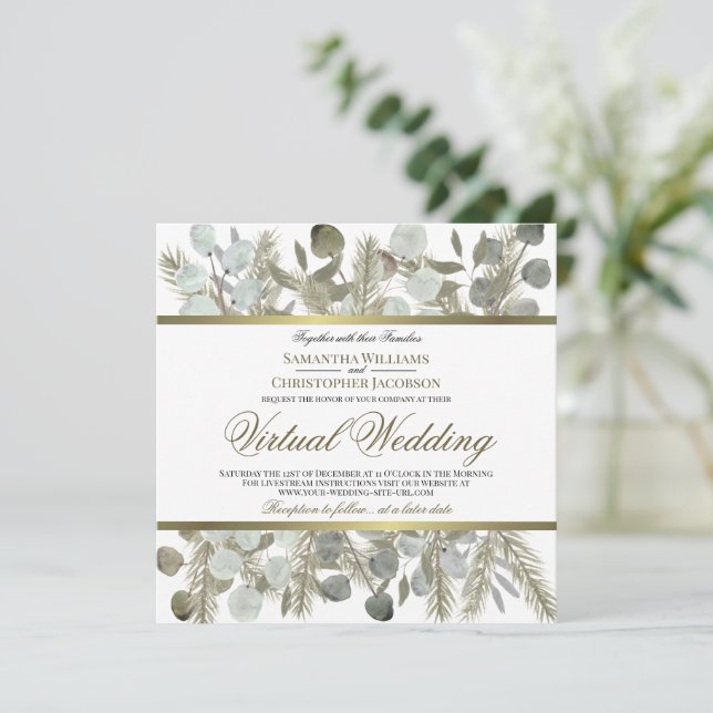 Convites Casamento Virtual Rustic Eucalyptus & Pine Elegant (Em pé/Frente)