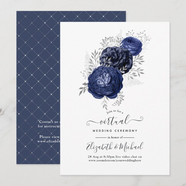 Convites Casamento Virtual Rústico Navy e Floral Prata (Frente/Verso)