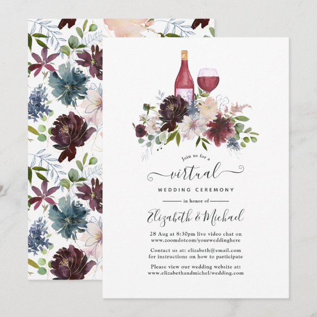 Convites Casamento Virtual temático de Vinho Borgonha e Blu (Frente/Verso)