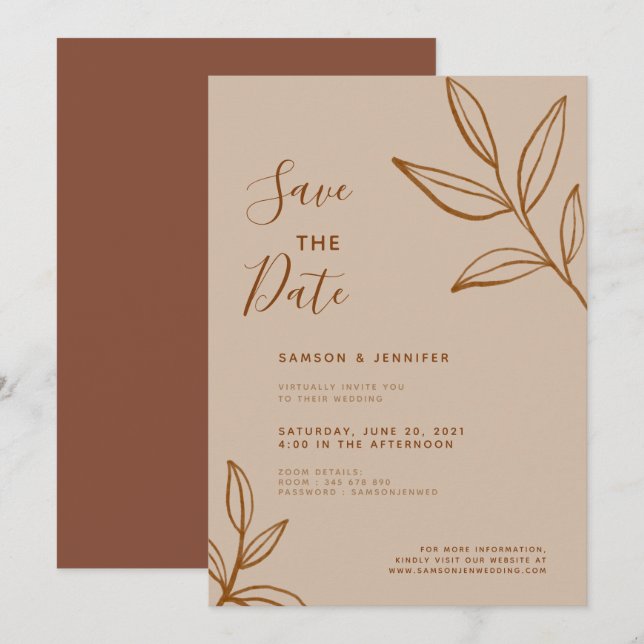 Convites Casamento Virtual Terracotta Folha Save the Date (Frente/Verso)