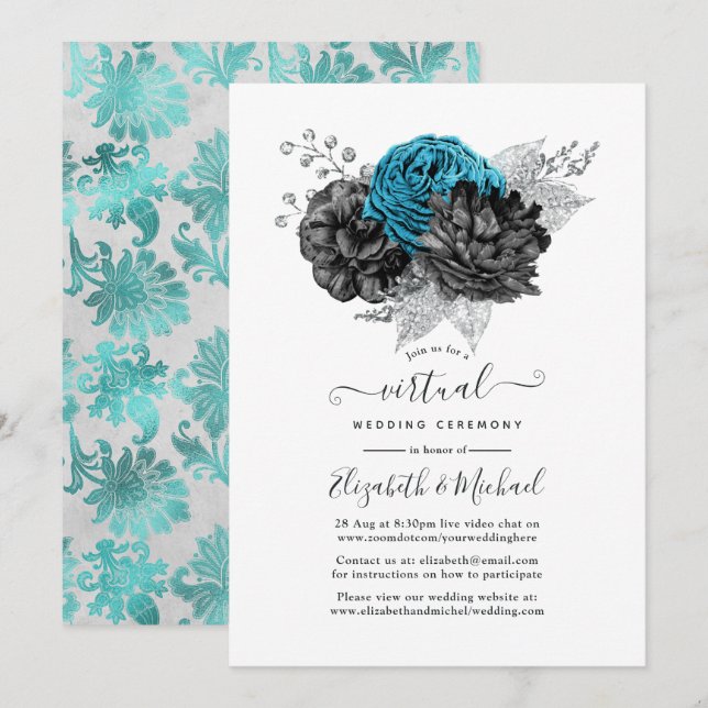 Convites Casamento Virtual Turquesa, Preto e Prata (Frente/Verso)