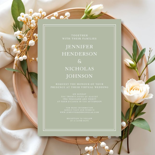 Convites Casamento Virtual Verde do Sage Formal Moderno (Modern Elegant Formal Sage Green Virtual Wedding Invitation)