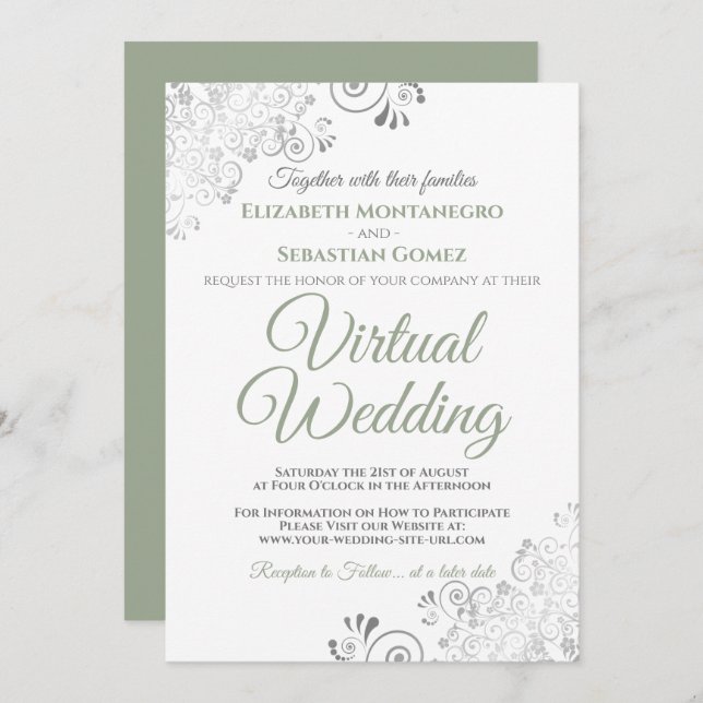 Convites Casamento Virtual Verde e Branco dos Silver Frills (Frente/Verso)