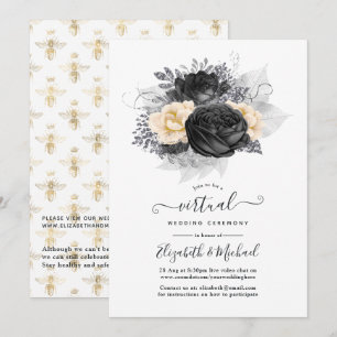 Convites Casamento Virtual Vintage Preto e Dourado com Flor