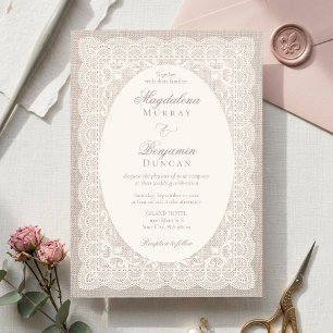 Convites Casamento Vitoriano com Renda Creme e Linho Bege