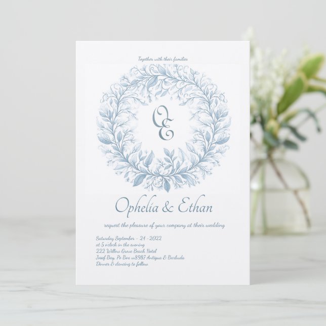 Convites Casamento vitoriano do Monograma Azul francês (Em pé/Frente)