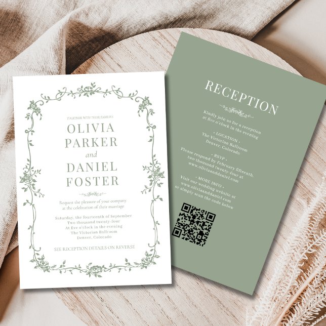 Convites Casamento Vitoriano em Verde Sage Francês Completo (Criador carregado)