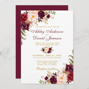 Convites Casamento Watercolor Burgundy Floral Dourado B