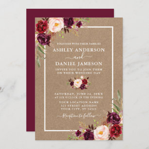 Convites Casamento Watercolor Burgundy Floral Kraft