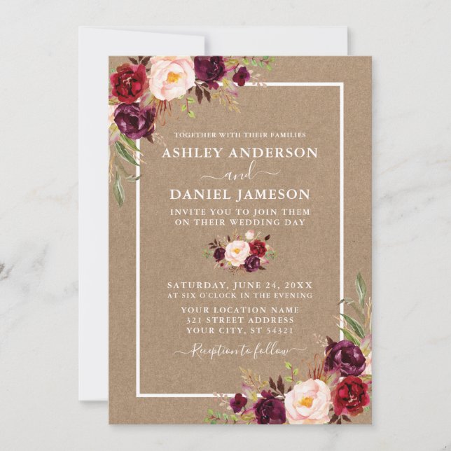 Convites Casamento Watercolor Burgundy Floral Kraft (Frente)