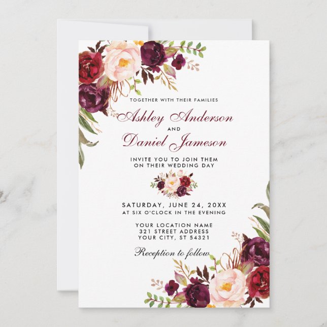 Convites Casamento Watercolor Burgundy Floral W (Frente)