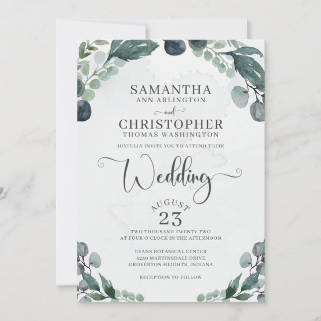 Convites Casamento Watercolor Eucalyptus Greenery (Frente)