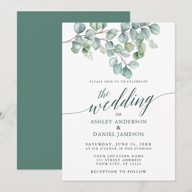Convites Casamento Watercolor Eucalyptus Greenery Calliogra (Frente/Verso)