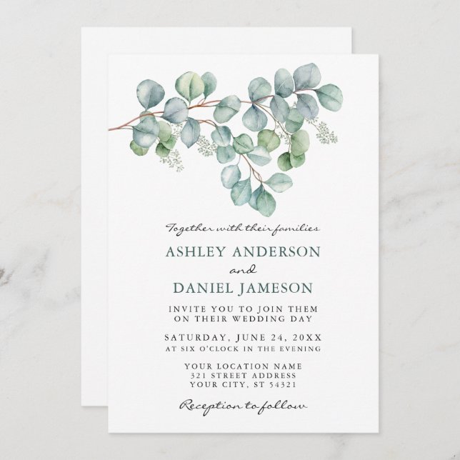Convites Casamento Watercolor Eucalyptus Greenery Foto (Frente/Verso)