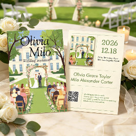 Convites Casamento Watercolor Manor, ilustração plana