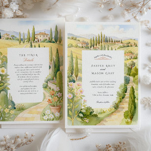 Convites Casamento Watercolor Villa La Foce Tuscany Itália
