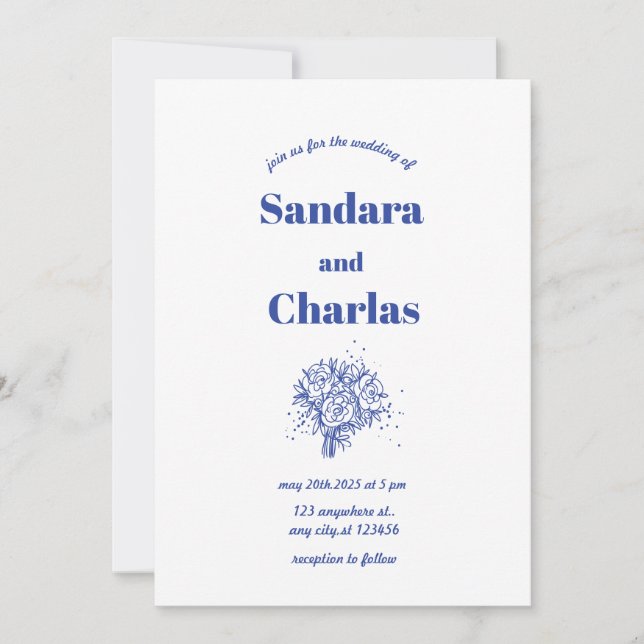 Convites Casamento Whimsic simples e escrito à mão azul (Frente)