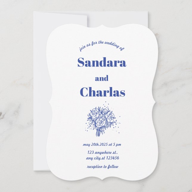 Convites Casamento Whimsic simples e escrito à mão azul (Frente)
