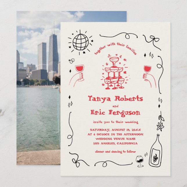 Convites Casamento Whimsical Com Campos De Champanhe Desenh (Frente/Verso)