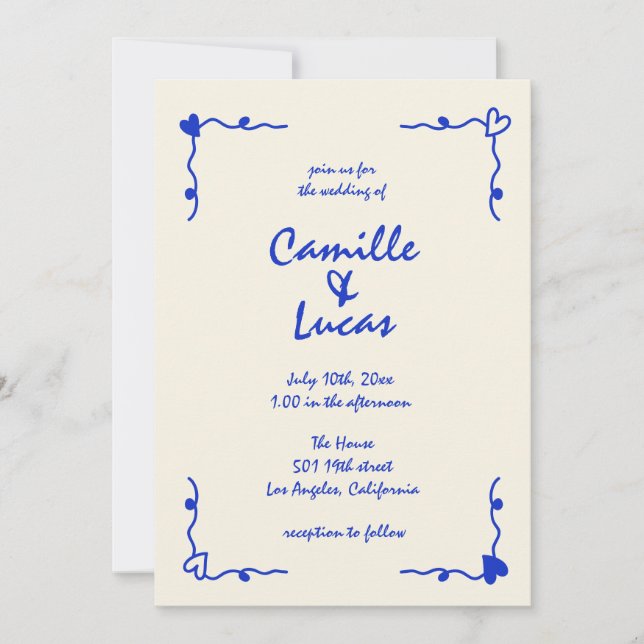 Convites Casamento Whimsical com Letra Azul (Frente)