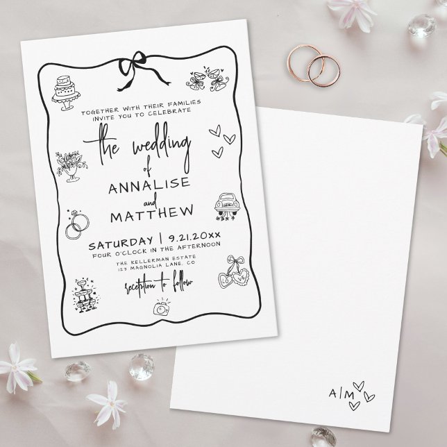 Convites Casamento Whimsical De Mão Desenhada Quirky (Hand Drawn Quirky Whimsical Wedding Invitation)