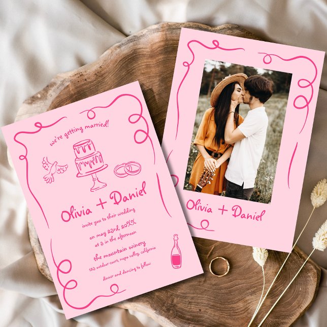 Convites Casamento Whimsical Rosa-Rosa-Rosa-Mão Desenhado-M (Criador carregado)