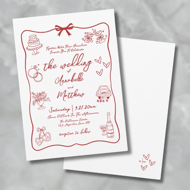 Convites Casamento Whimsical Vermelho Desenhado Mão (Hand Drawn Red Whimsical Wedding Invitation)