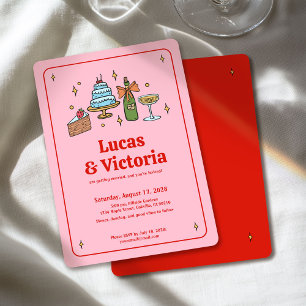 Convites Casamento Whimsical Vermelho e Rosa Negrito Desenh