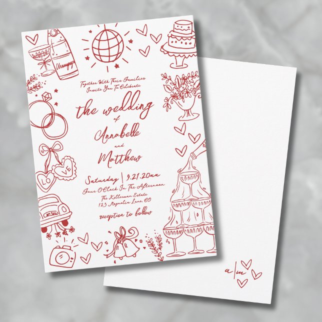 Convites Casamento Whimsical Vermelho Quirky em Mão Desenha (Hand Drawn Quirky Red Whimsical Wedding Invitation)