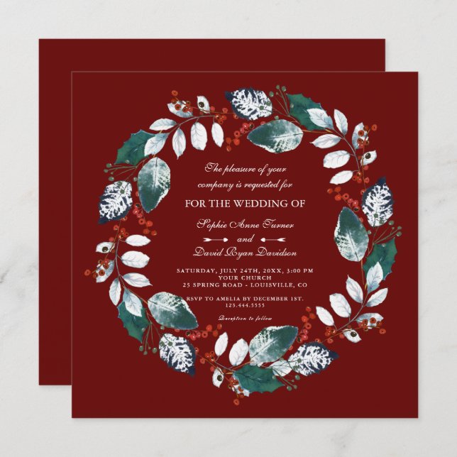 Convites Casamento Whimsical Winter Wreath Burgundy (Frente/Verso)