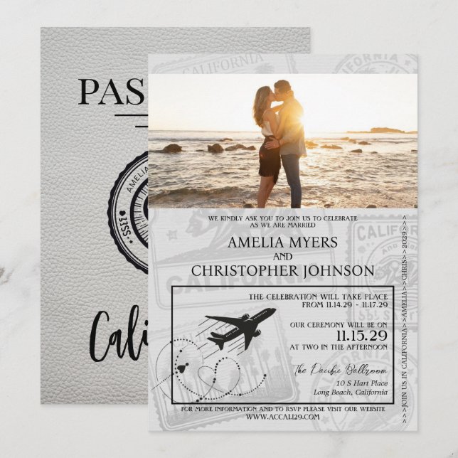 Convites Casamento White California Passport (Frente/Verso)