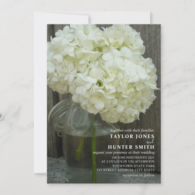 Convites Casamento White Hydrangeas Mason Jar (Frente)