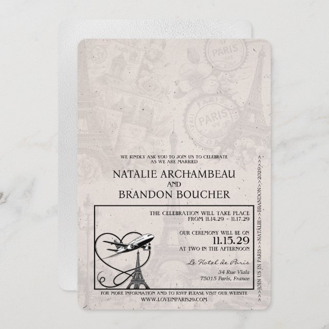 Convites Casamento White Paris Passport (Frente/Verso)