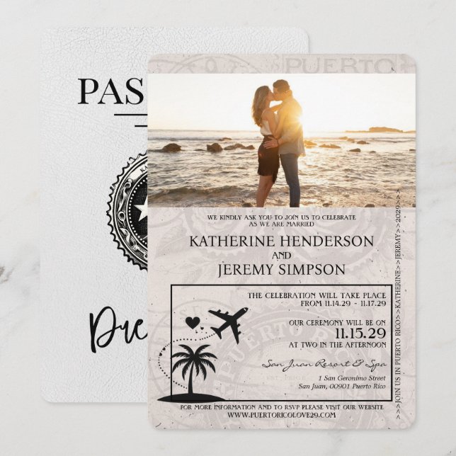 Convites Casamento White Porto Rico Passaporte (Frente/Verso)