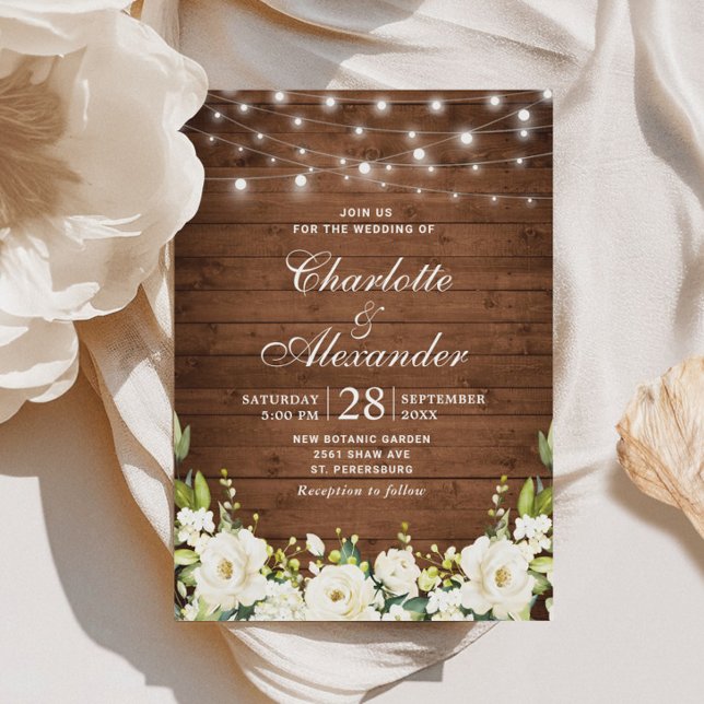 Convites Casamento Wood & White Roses Greenery Watercolor (Criador carregado)