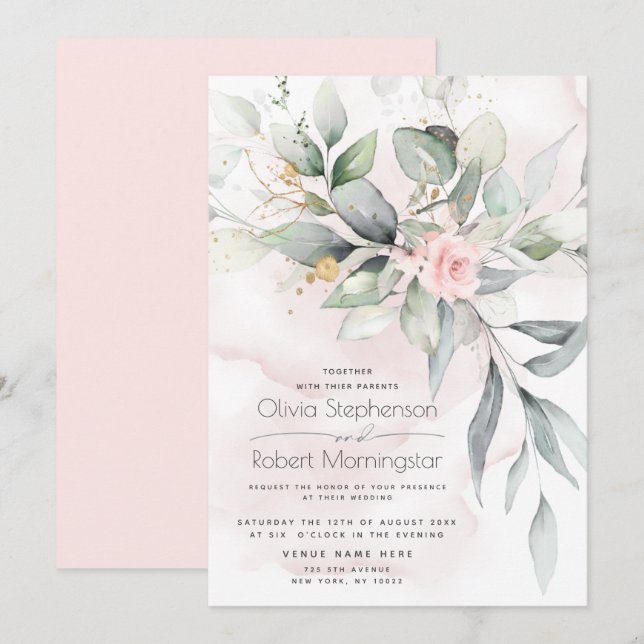 Convites Casamento | Woodland Greenery Boho Rosa Rosa Rosa (Frente/Verso)