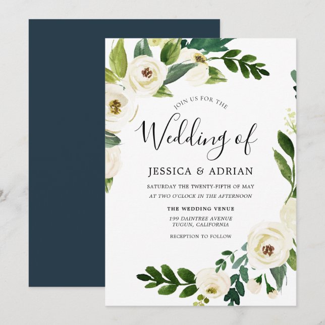 Convites Casamento Wreath White Flower Green Leaf Invite (Frente/Verso)