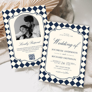Convites Casamento Xadrez Azul Naval Marfim Dinheiro Antigo