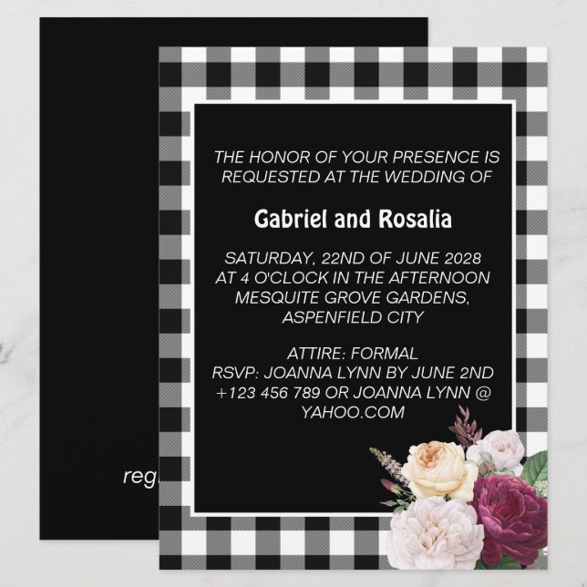 Convites Casamento Xadrez Búfalo Preto e Branco Rústico  (Frente/Verso)